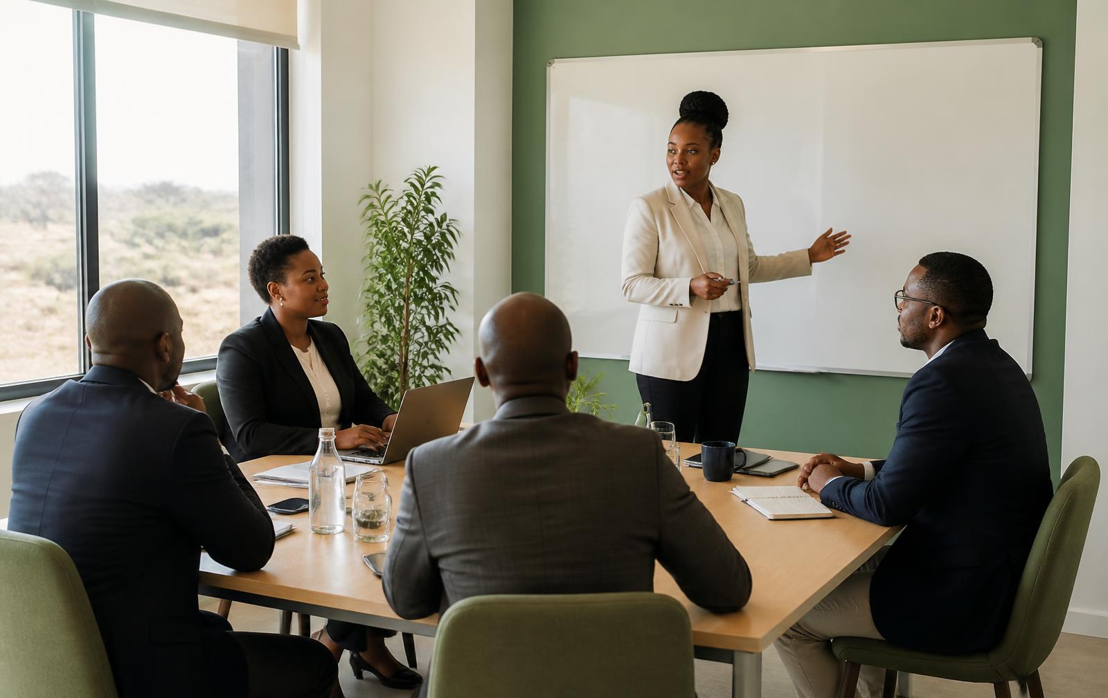 A leadership session in progress with a facilitator and managers around a boardroom table in Botswana